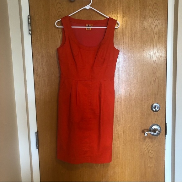 Tory Burch Leena Twill Sheath Midi Knee Length Dress Red Sz 6 - Picture 2 of 16